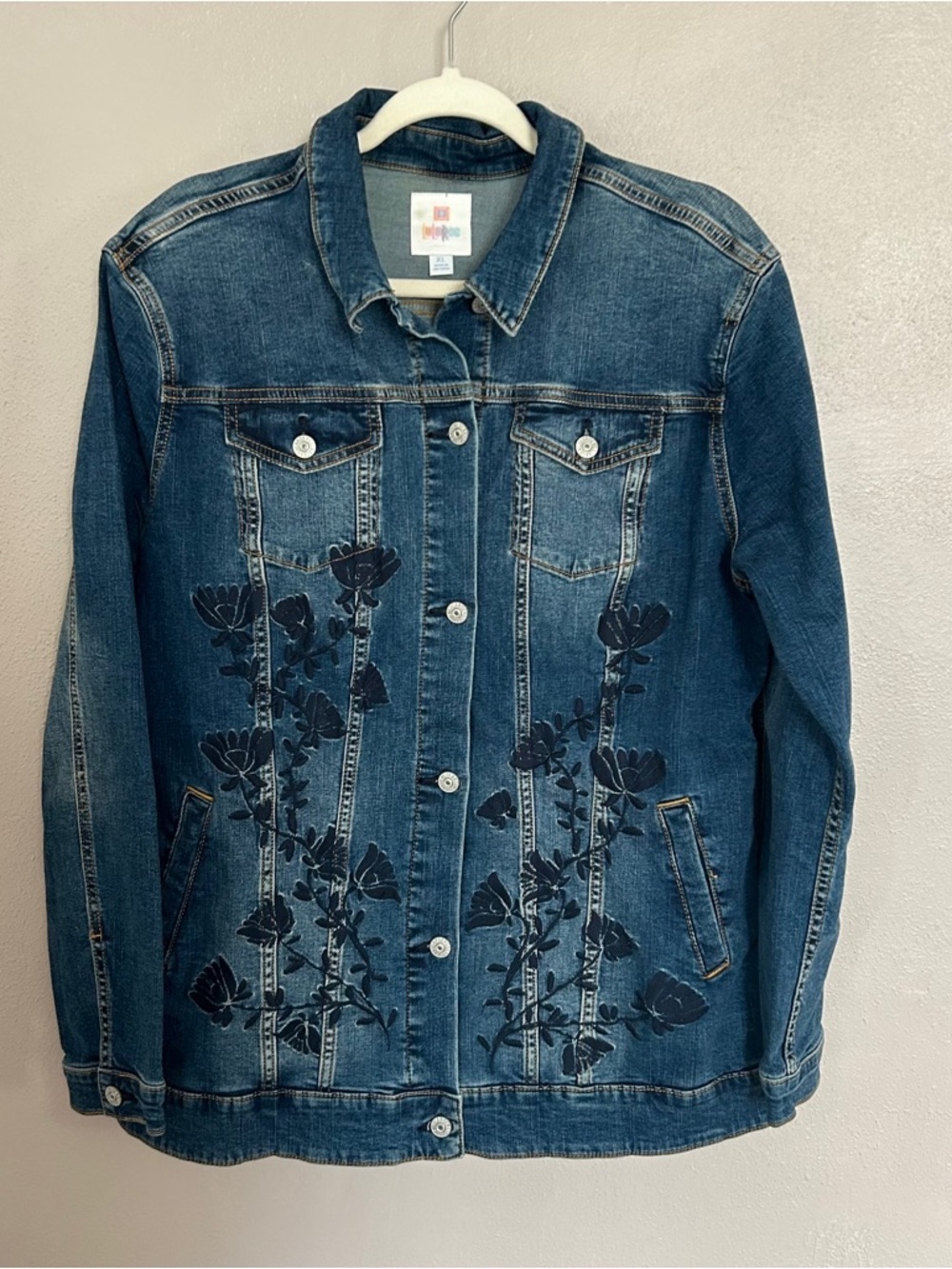 LuLaRoe Blue Denim Jacket with Navy Floral Embroidery - Picture 4 of 4